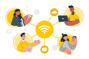 四個人使用由中央WiFi圖示連接的裝置。 — 團隊合作 壁紙
