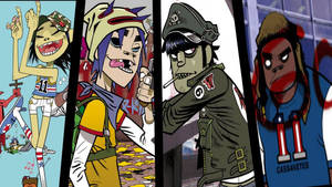 四個色彩繽紛卡通風格的動畫Gorillaz角色以富有表現力的姿勢。 — 大猩猩 壁紙