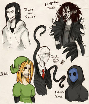 四個令人毛骨悚然的插圖恐怖角色，名字如 Jeff the Killer 和 Slender Man。