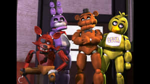 四個來自《Five Nights at Freddy's》的詭異電子動畫角色在黑暗的房間裡。 — 恐怖反派 壁紙