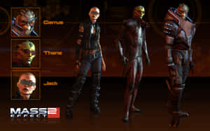 四個穿著未來盔甲的Mass Effect 2角色站在一個黑暗的科技房間裡。 — Steam Deck OLED 壁紙