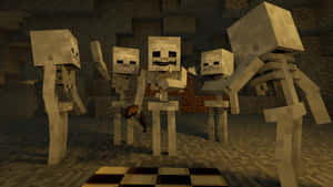 四個方塊狀的Minecraft骷髏在一個石頭地牢中，地板是棋盤格。 — 骷髏迷因 壁紙
