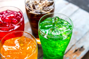 木桌上四個色彩繽紛的冰飲玻璃杯。 — 酷 壁紙