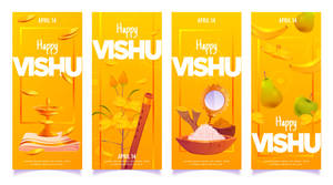 四個Vishu節日橫幅，包含傳統符號如迪亞花、笛子、米飯、鏡子和水果。 — Pro Display XDR 壁紙