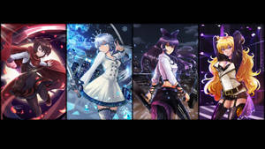 四個動漫女孩以動作姿勢呈現，帶有發光效果和城市背景。 — Rwby 壁紙