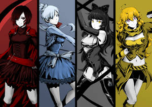 四個動漫角色在彩色面板中，擁有獨特的服裝和姿勢。 — Rwby 壁紙