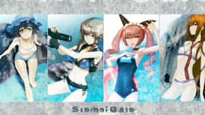 四個動漫角色穿著泳衣，與「Steins;Gate」文字一起擺姿勢。 — 美麗的動畫 壁紙