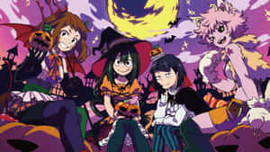 四個動漫角色穿著萬聖節服裝，在發光的月亮下。 — 凱羅·忍 壁紙