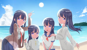 四個動漫女學生穿著校服，在陽光明媚的海灘上微笑。 — 櫻島麻衣 壁紙