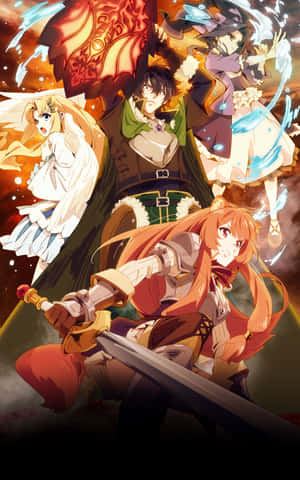 四個動漫角色在奇幻戰鬥場景中使用魔法和劍。 — Pixel Tablet 壁紙