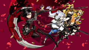 四個動漫戰士在紅色背景下用劍和槍進行戰鬥。 — Rwby 壁紙