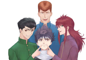 四個穿著色彩繽紛服裝的動漫角色一起擺姿勢，表情豐富。 — 幽遊白書 壁紙