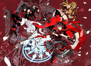 四個動漫戰士在紅色花瓣風暴中用劍和魔法戰鬥。 — Rwby 壁紙