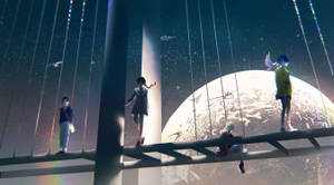 四個動漫角色在橋上，星空下有一顆發光的行星。 — 月落 壁紙