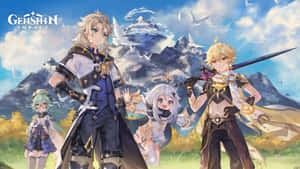 四個穿著奇幻裝備的動漫角色在雪山前擺姿勢，鳥兒飛翔。 — 原神 壁紙