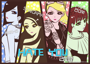 四個動漫女孩在彩色色塊中，帶有「HATE YOU」文字。 — 美式卡通 壁紙