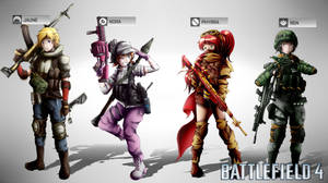 四個動漫角色穿著軍裝，手持武器，用於 Battlefield 4。 — Rwby 壁紙
