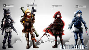 四個動漫角色穿著軍裝，手持武器，上方有名字。 — Rwby 壁紙