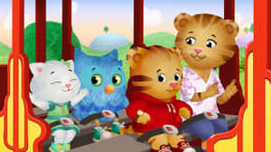 四個卡通動物朋友在火車上向觀眾揮手。 — Pbs Kids 壁紙