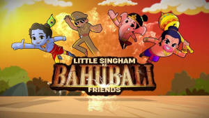 來自 Little Singham Ke Bahubali Friends 的四個卡通角色在日落場景中飛翔。 — 寶萊塢 壁紙