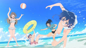 動畫女孩打沙灘排球並在海浪中嬉水。 — 海灘度假 壁紙