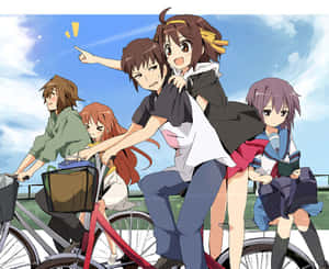 動畫女孩在晴朗的天空下騎自行車，其中一個指向前方。 — 凱羅·忍 壁紙