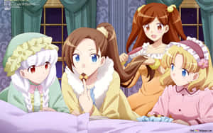 四個穿著睡衣的動畫女孩坐在床上分享零食和梳頭。 — 16:10 壁紙