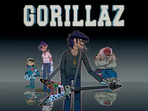 四個動畫Gorillaz樂團成員吉他手在深色反光舞台上。 — 街頭霸王 壁紙