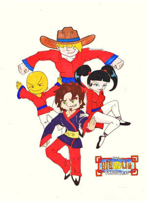 四個Q版武術家穿著紅色、藍色和黃色服裝動態擺姿勢。 — 卡通 壁紙