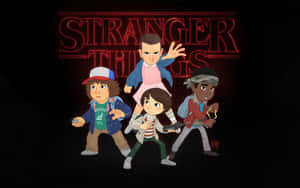 來自Stranger Things的四個動畫小孩在黑暗背景中手持武器。 — 可愛萬聖節桌面 壁紙