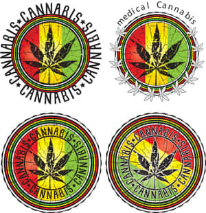 四個圓形大麻貼紙，帶有拉斯塔法里顏色和葉子設計。 — 牙買加海灘 壁紙