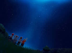 四個孩子在山丘上仰望星空。 — 夜空 壁紙