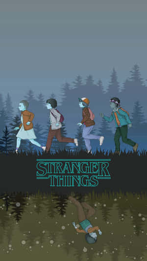 四個小孩在森林中奔跑，另一個小孩倒吊著，有Stranger Things標誌。 — 怪奇物語 4 壁紙