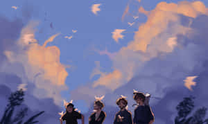 四個年輕男子站在暮色天空下，鳥兒在他們周圍飛翔。 — 暗黑美學電腦 壁紙