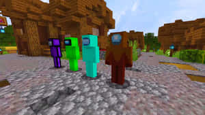 四個Among Us角色站在一個有木屋和鵝卵石路的Minecraft村莊。 — 可愛 Minecraft 壁紙