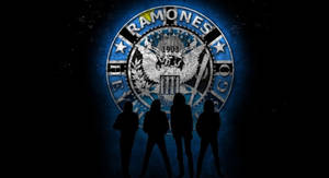 四個剪影人物在發光的Ramones樂團標誌前。 — 剪影 壁紙