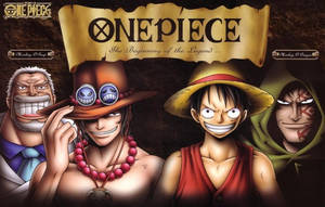 來自One Piece的四個動畫海盜在橫幅前猙獰地咧嘴笑。 — 搞笑猴子 壁紙