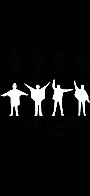四個白色剪影人物在黑色背景前高舉雙臂慶祝。 — 披頭四 壁紙