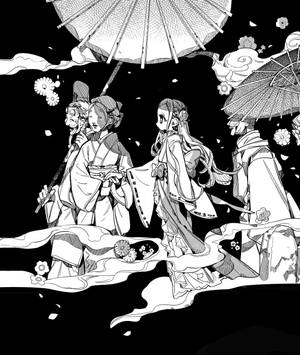 四個穿著和服的動漫角色在飄落的櫻花下撐著傘。 — Galaxy Z Fold 壁紙