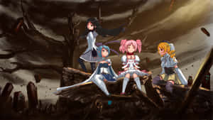 四個穿著奇幻服裝的動漫女孩坐在破碎的廢墟上，天空風暴。 — 魔法少女小圓 壁紙
