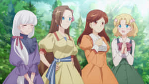 四個穿著連衣裙的動漫女孩，站在陽光穿過樹木的森林中。 — 夏天 壁紙