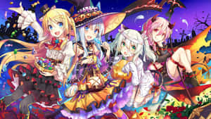 四個穿著萬聖節服裝的動畫女孩在詭異的夜空下用糖果和燈籠慶祝。 — 可愛萬聖節 壁紙
