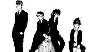 四個穿著西裝的動漫男子在白色背景上表情強烈。 — 不思議遊戯 壁紙