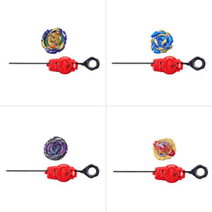 四個Beyblade陀螺搭配紅色發射器以網格顯示。 — 戰鬥陀螺爆裂 壁紙