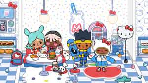四個卡通小朋友在Hello Kitty主題餐廳吃東西和玩玩具。 — 托卡生活 壁紙