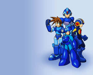 四個穿著藍色裝甲的Mega Man角色英勇地擺姿勢。 — 洛克人 壁紙