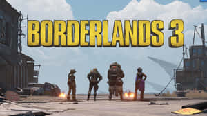 四個裝甲角色在廢棄的沙漠小鎮中，帶有 Borderlands 3 標誌。 — 電玩遊戲 GIF 壁紙