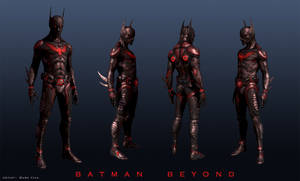 Batman Beyond 角色設計從四個角度以深色盔甲展示。 — 未來蝙蝠俠 GIF 壁紙