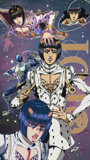 四個身穿白色和紫色圓點服裝的動漫角色在星空宇宙背景上。 — 黑川伊佐那 壁紙