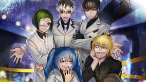 四個身穿白袍的動漫角色在霓虹城市背景下擺姿勢，帶有「Tokyo Ghoul:re」文字。 — Lexus 標誌 壁紙